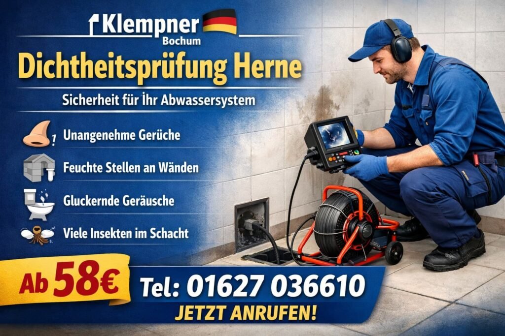 Klempner Bochum führt Dichtheitsprüfung in Herne durch – Techniker prüft Abwasserleitung mit Kamera, Service ab 58 € inklusive Beratung und schneller Hilfe