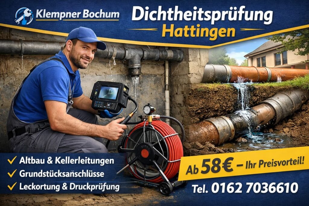 Klempner Bochum Techniker führt Dichtheitsprüfung Hattingen an Abwasserleitungen im Keller durch – Rohrinspektion ab 58€