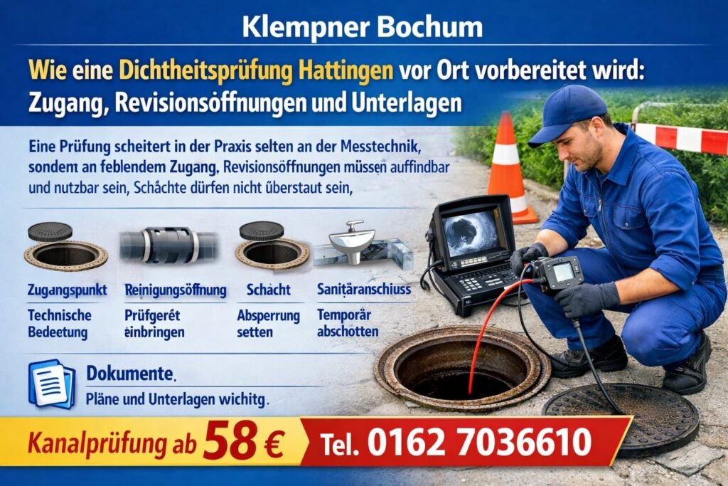 Klempner Bochum Techniker führt eine Dichtheitsprüfung in Hattingen mit Kamera und Prüfgerät durch – Kanalprüfung ab 58 €