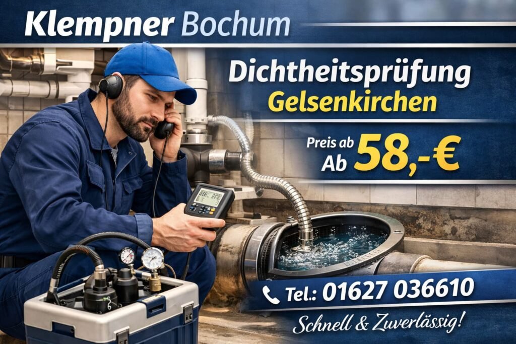 Klempner Bochum Techniker bei der Dichtheitsprüfung in Gelsenkirchen – professioneller Rohrleck-Test ab 58€