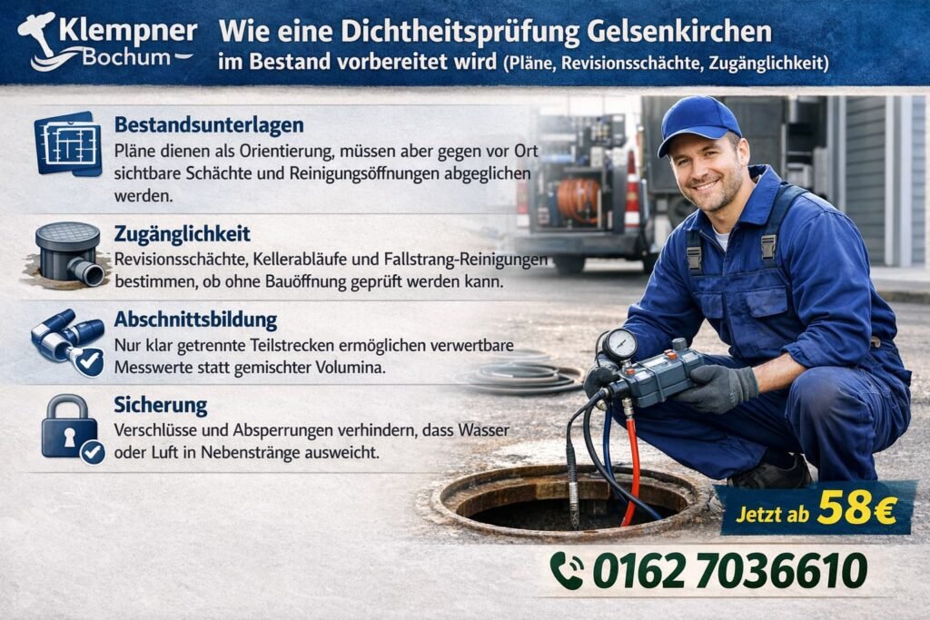 Klempner Bochum Techniker führt Dichtheitsprüfung in Gelsenkirchen durch – Rohrprüfung ab 58€ mit professionellem Service