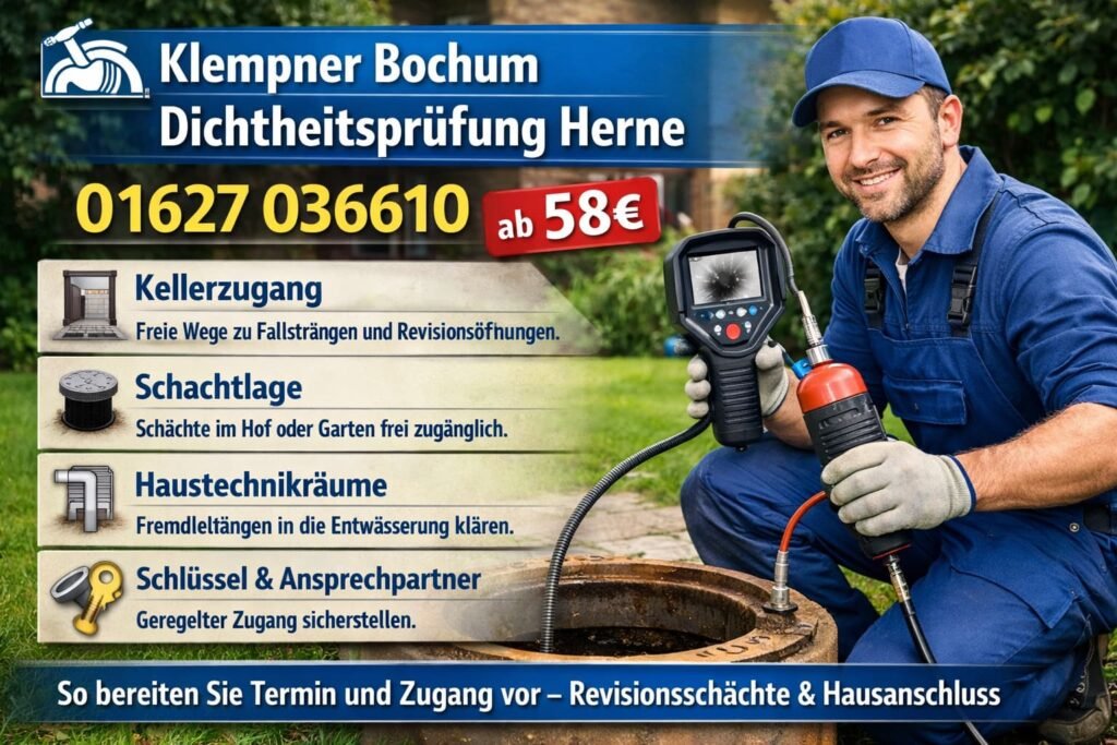 Klempner Bochum führt Dichtheitsprüfung in Herne durch – professioneller Installateur prüft Abwasserleitung, Service ab 58€ verfügbar