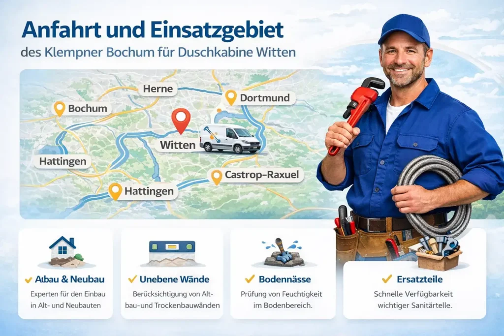 Anfahrt und Einsatzgebiet des Klempner Bochum für Duschkabine Witten