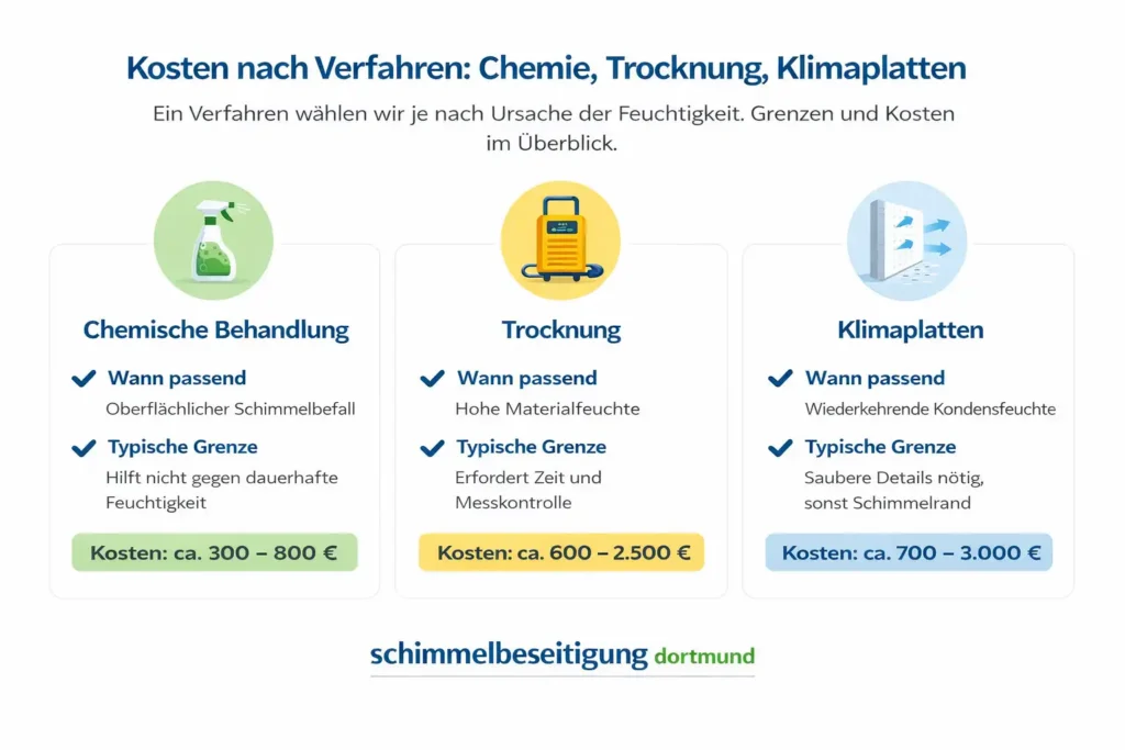 Kosten nach Verfahren: Chemie, Trocknung, Klimaplatten