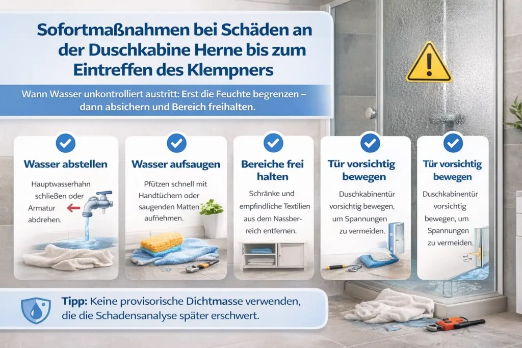 Sofortmaßnahmen bei Schäden an der Duschkabine Herne bis zum Eintreffen des Klempners