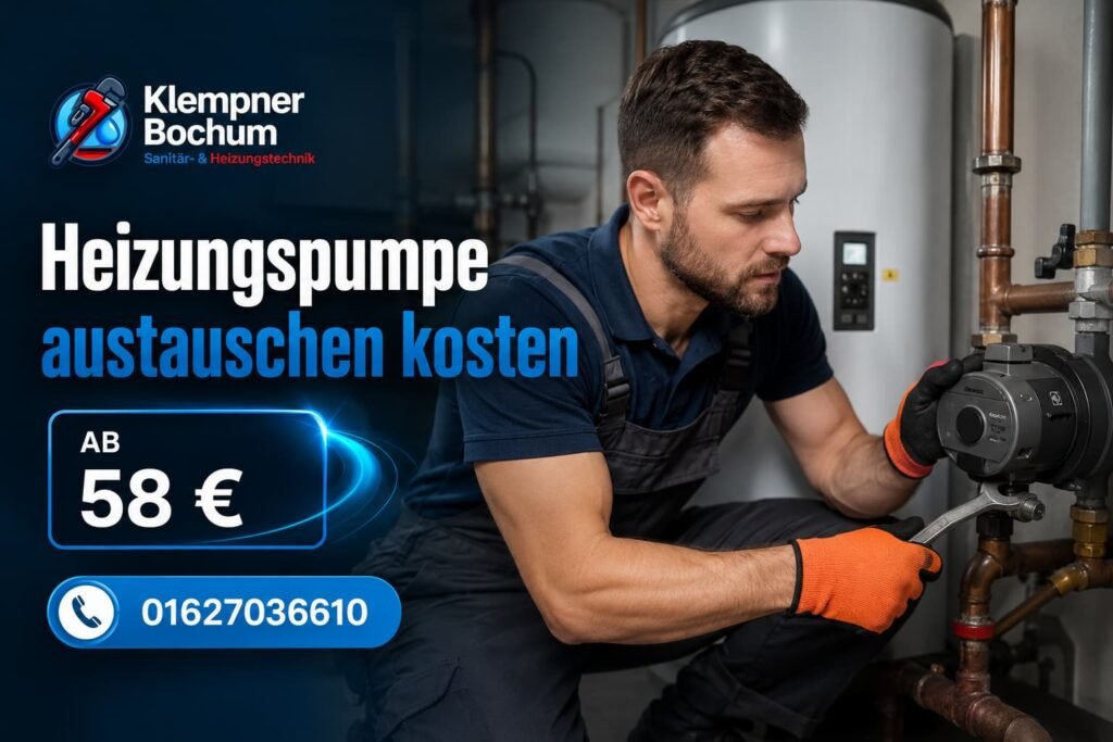 Techniker tauscht eine moderne Heizungspumpe in einem Kellerraum aus – transparente Kosten und regionaler Service in Bochum.