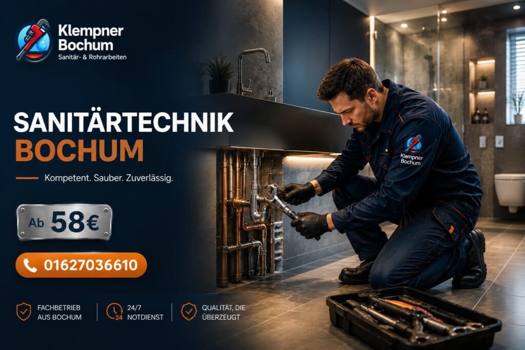 Sanitärtechniker in Bochum prüft einen quietschenden Wasserhahn