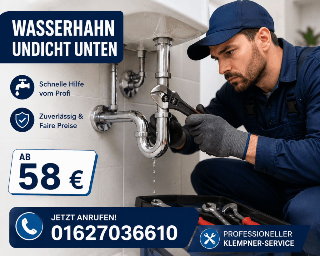 Wasserhahn undicht unten – Klempner repariert einen undichten Wasserhahn unter dem Waschbecken, professioneller Service ab 58€.